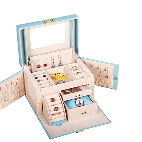 YBWEN Caja de joyería Joyero para niñas Joyas Organizador Espejo de Viaje PU Funda de Cuero Regalo de época para Mujeres Accesorios de la joyería Caja de Almacenamiento STOR (Color : Azul)