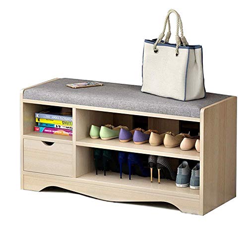 YISUNF Bastidores de Calzado Banco de Almacenaje 1 cajón Zapatos de Rack con Plegable Acolchado de los Asientos, Zapatos Organizador con 2 estantes con Patas (Color: Madera, Tamaño: 80x43x30cm)