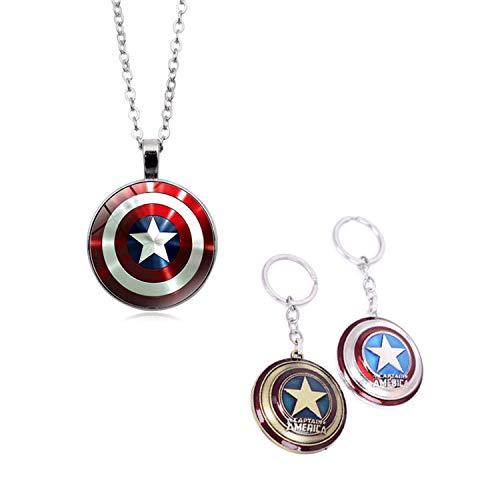 YouU 2 Piezas Marvel Capitán América Escudo Colgante Estrella - The Avengers Cosplay Super Hero Necklace y Llavero,Plata