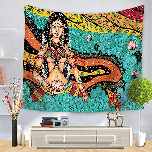 YUANOMWJ Tapiz De Pared,Elegante Loto Personaje De Niña Hermosa,Ropa De Cama De Mandala De Pavo Real Psicodélico Bohemio Indio Hippie,130X150Cm