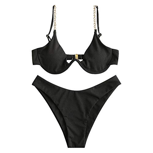 ZAFUL Bikini de dos piezas con correa de cadena acanalada para mujer Negro S