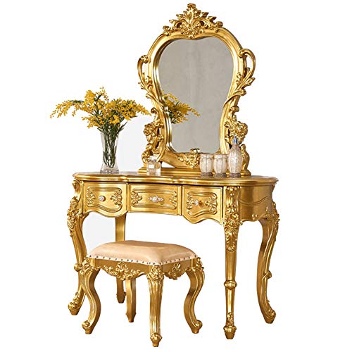 ZHANGLE Tocador, Juego de Mesa de tocador de Madera de Estilo Europeo 3 cajones Maquillaje Espejo Taburete Muebles Rich Golden Bedroom Villa Vanity Table