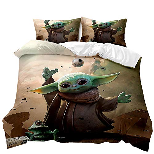 ZKDT - Funda nórdica mandaloriana con dibujos animados en 3D, Baby Yoda, cremallera de microfibra, funda nórdica y funda de almohada para niños (Baby Yoda 01,220 x 240 cm + 2 x 80 x 80 cm).