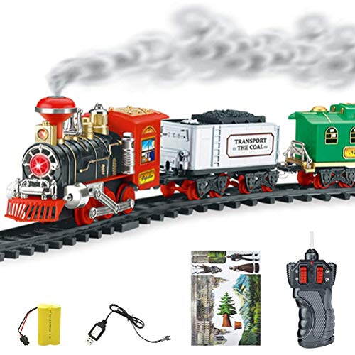 zuoshini Juguete de Tren de Navidad Juego de Tren Eléctrico Tren de Juguete Locomotora de Control Remoto Eléctrico Clásico Tren de Navidad para Niños Tren de Vapor con Música Y Luz