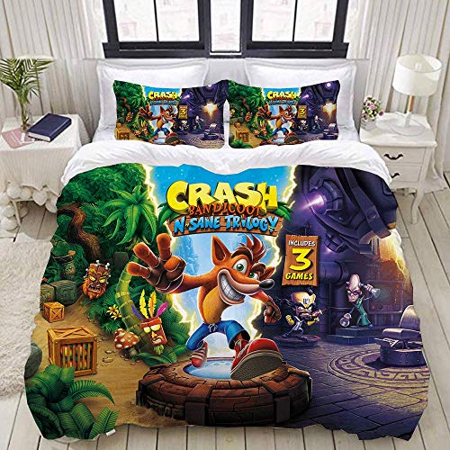 221 Juego de funda de edredón 3D Crash Bandicoot N. Sane Trilogy Print Juego de cama con cierre de cremallera, 100% poliéster, juego de 3 piezas con 2 fundas de almohada B-AU doble: 180 x 210 cm