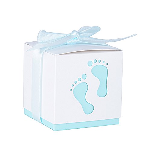 50Pcs Cajas de Papel Bautizo Caramelos Bombones Regalos Detalles para Invitados de Boda Fiesta Comunion Cumpleaños de Niño con Cintas (Pequeños pie Azul)