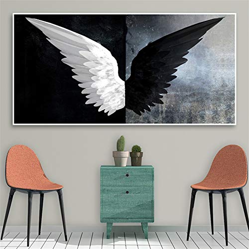 5D Pintura de Diamante DIY Kits Completo Taladro Gran Tamaño Diamond Painting Alas de ángel de plumas blancas negras Crystal Bordado Punto de Cruz Decoración de la Pared Taladro redondo,40x80cm