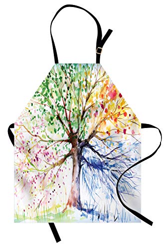 ABAKUHAUS Árbol Delantal de Cocina, Estilo Acuarela Árbol Artístico con Ramas Florecidas Coloridas Tema Cuatro Estaciones, Altura Ajustable Lavable Sus Colores No Destiñen, Multicolor