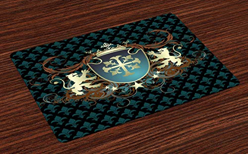 ABAKUHAUS Medieval Salvamantel Set de 4 Unidades, Escudo de Armas de la Edad Media, Material Lavable Estampado Decoración de Mesa Cocina, Teal Negro Canela