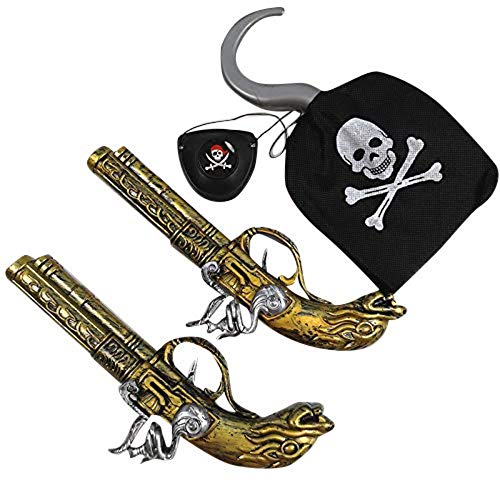 Accesorios de Disfraces de Piratas para Adultos y niños Carnaval, Cosplay y Halloween - un tamaño (2X Pistolas + 1x Gancho Pirata + 1x Parche Ocular)