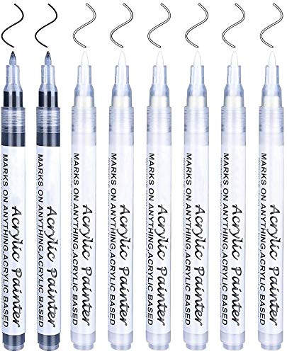 Acrílico Pintura rotulador,0.7mm Rotuladores de pintura acrílica para marcar permanentemente la taza de cerámica y vidrio (2 negros 6 blancos)