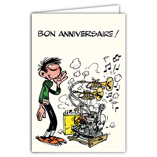 Afie GLCT-0185 - Tarjeta de felicitación de cumpleaños, diseño de Gaston Lagaffe Vintage de origen, música trompeta BD, banda humorística, humorística, personaje de Gag Gaffes Franquín