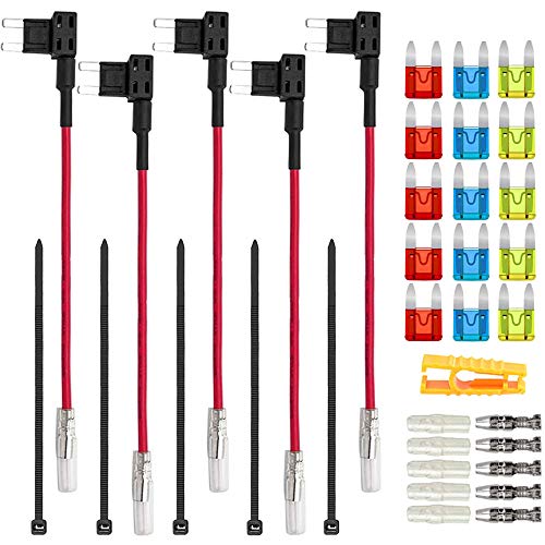 Aiqeer 5 Piezas 12V / 24V Pequeño Portafusible, Add-A-Circuit Fusible Tap Adaptador, Portafusibles de Mini Cuchilla, con 15 Piezas Mini Fusibles y 1 Pieza Extractor (10A, 15A, 20A)