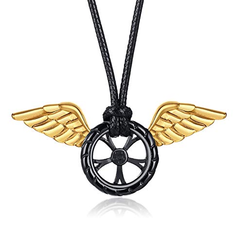 Alas de ángel chapadas en oro y negro de acero inoxidable Collar de suerte de neumático de coche Colgante para hombres Mujeres Cadena 60 + 5 cm-black-One size