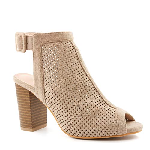 Angkorly - Zapatillas Moda Sandalias Tacón escarpín Bohemia romántico Elegante Mujer Tanga Perforado Tacón Ancho Alto 9 CM - Beige 4 X-150 T 38