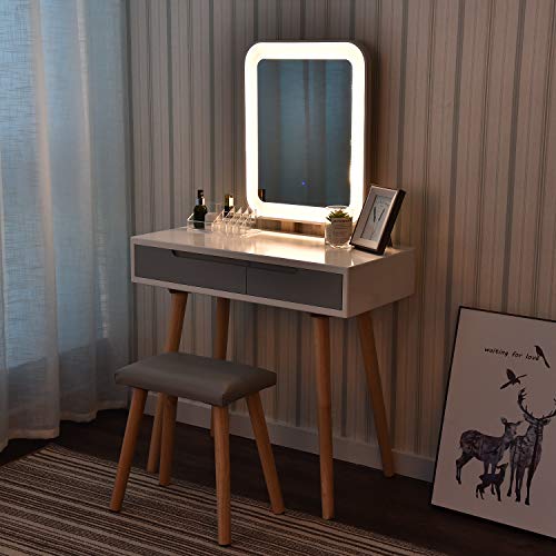 Magnífico tocador pequeño con espejo LED ajustable y cajones organizadores,  mesita de noche moderna para maquillaje, diseño elegante