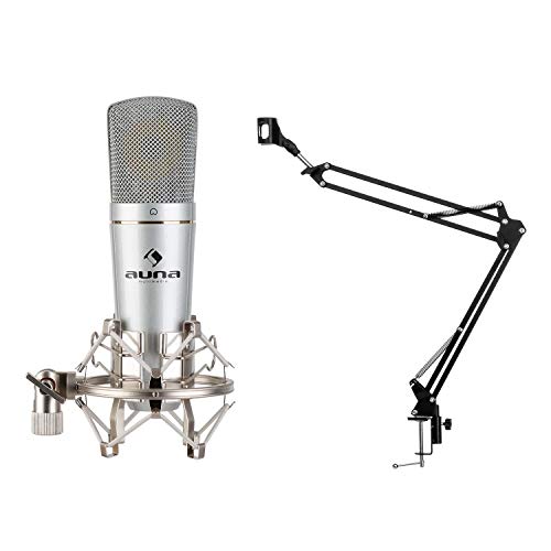 auna MIC-920 - Lote de micrófono USB V3, 2 Piezas: micrófono de condensación y trípode, Micrófono cardioide, Brazo orientable: Soporte de Pinza / Plegable, Bolsa, Plug & Play, Windows y Mac, Plateado