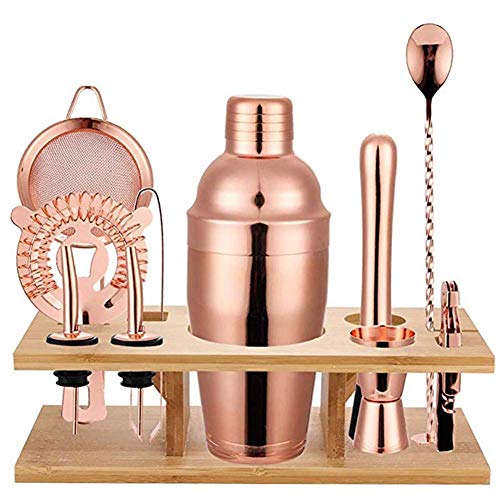 Baijian Kit Cocteleria 11 Piezas Profesional Juego de Coctelería Acero Inoxidable Cocteleras de Cóctel Set Cocktail con Soporte Kit para Hacer Cócteles,Oro Rosa (Rose Gold,550ml)