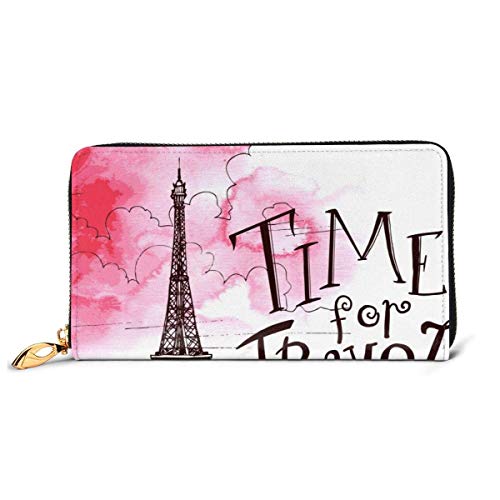 BGHYT Hermosa Acuarela París Torre Eiffel Tiempo de Viaje Cremallera de Cuero Bolso de Embrague Monedero Monedero Largo de Gran Capacidad para Mujeres Personalizado