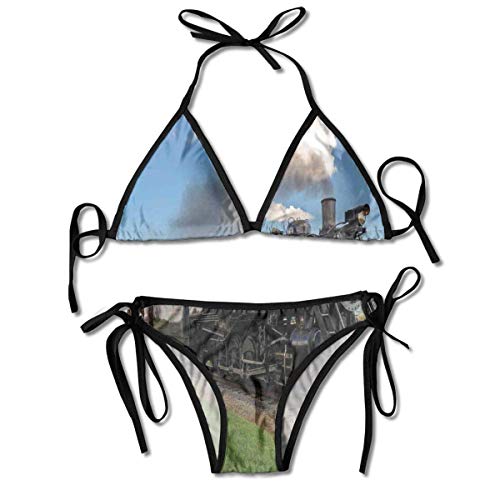 Bikini Trajes de baño Locomotora Vintage en Paisaje de Campo Hierba Verde Puff Tren Imagen Conjuntos de Bikini Traje de baño Traje de baño