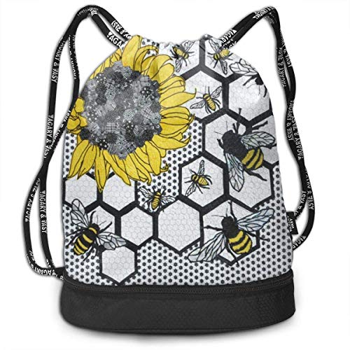 Bolsas de Gimnasia, Men & Women Premium Polyester Drawstring Sack Sunflower Bee Beehive Rucksack Theft Proof Lightweight For Traveling Soccer Baseball Bag Large For Camping, Yoga Runner