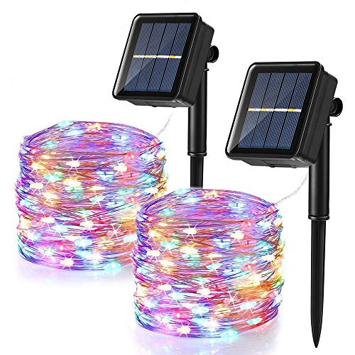 BrizLabs Cadena Luces Solares 2 Paquete 12m 120 LED Guirnalda Luces Solares Exterior Impermeable Iluminación Alambre de Cobre para DIY Navidad Jardín Ventana Valla Boda Decoración, Colores