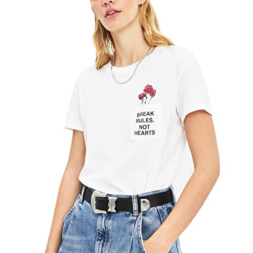 Camisetas De Bolsillo con Estampado Mujer Refranes E Girl Estética Grunge Clásica Rose Flor Blanco Lindo tee Tops Talla Extra (Blanco, XL)