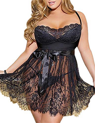 Camisón Mujer Sexy de Encaje Talla Grande Dormir Verano sin Mangas Picardía Mujer Vestido Lencería Negligee Babydoll con Cinturón y Tanga (Negro, 5XL-6XL)