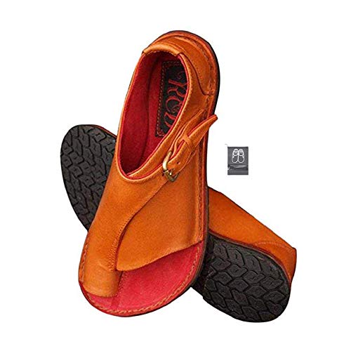 Chickwin Sandalias Mujer Planas Cómodos, Zapatos de Verano Planas Bohemias Elegant Zapatos de Playa Moda Fiesta Cuero Slingback Peep Toe Talla Grandes Plataforma Cuña (CN39=245mm,Naranja)