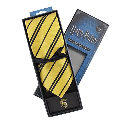 Cinereplicas - Harry Potter - Corbata con Broche - Edición Deluxe - Licencia Oficial - Casa Hufflepuff - Talla Única – 100 % Microfibra – Se Entrega con 1 Caja de Regalo - Amarillo y Negro