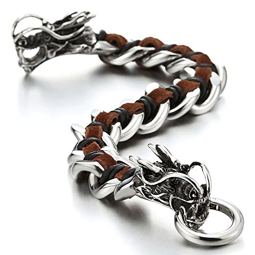 COOLSTEELANDBEYOND Trenzado Brazalete del Dragón, Pulsera de Hombre, Cadena Barbada, Acero, Tiras Cuero Mixtos, Marrón Cuero Genuino