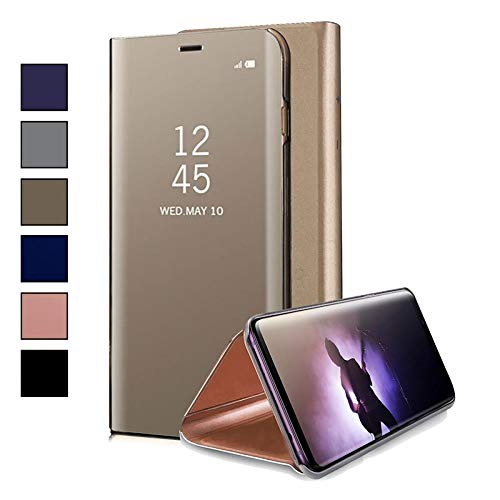 COOVY® Funda para Samsung Galaxy A7 SM-A750 / SM-A750FN/DS (Model 2018) Aspecto metálico, armazón, Lujosa, Ventana de Espejo Transparente, visión Clara, Soporte | Color Oro