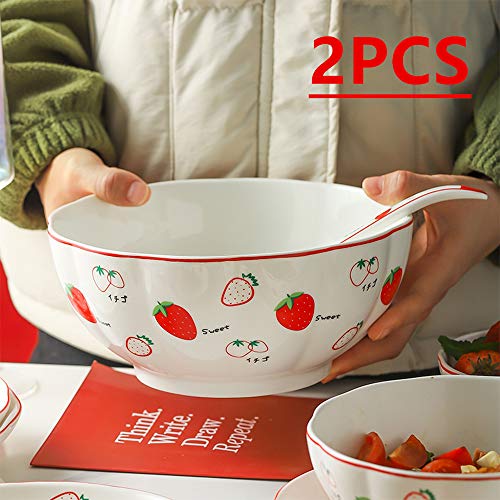 CSYY Juego de 2 ensaladeras de porcelana, 1700 ml, diseño de fresas, apto para lavavajillas, tamaño grande