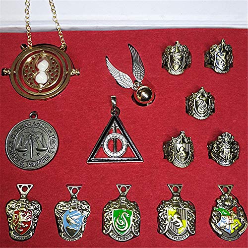 Daxoon Harry Potter Caja de Regalo de 15 Piezas, Harry Potters 4 Varita + Serie de 5 Piezas Insignia + Cadena Hermione + Llaves de Las Reliquias de la Muerte + 2 Llavero + Collar de Harry