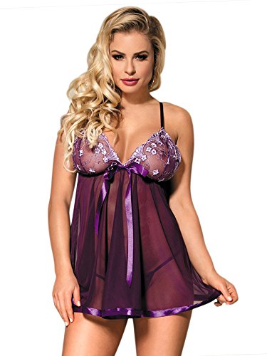 DotVol Mujer Plus Talla Sexy Lencería Encaje Lentejuela Brillantes Picardías Ropa de Dormir(EU S/Etiqueta M, Violeta)