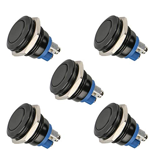 EEEKit 5pcs 16mm 5/8"12V Metal Momentary Push Button Switch, Interruptor de botón Marino Redondo SPDT a Prueba de Agua con luz Azul LED para Carro RV Truck Boat - Negro Shell