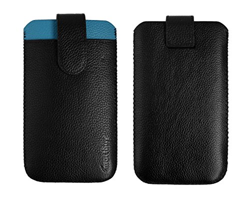 Emartbuy Negro/Azul Piel Genuina Manga Deslizar En Bolsa Case Cubrir (Tamaño A) con Ranura para Tarjeta de Crédito Compatible con Teléfonos Inteligentes Que Figuran a Continuación