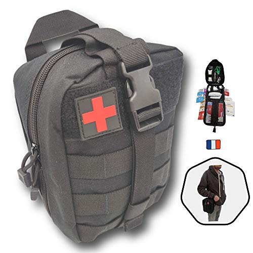 Estuche de emergencia negro táctico, kit completo, compacto 103 piezas, montado en Francia, se fija al cinturón, diseñado para todas las actividades de senderismo, viaje militar