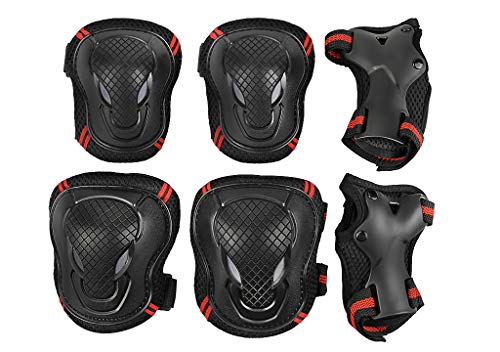 FakeFace – Juego de protectores para niños, gruesos, rodilleras, coderas, muñequeras, juego de protectores para monopatín, patinaje, conducción, deportes al aire libre, color rojo/negro, tamaño large