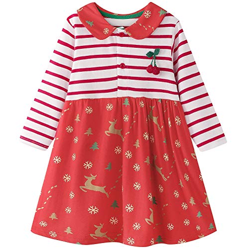 FANCYINN Vestido de Alce de Navidad para niñas pequeñas, Vestido Informal de algodón de Manga Larga con Cuello de muñeca Vestido de Camisa túnica básica con Rayas cálidas Invierno 5-6T