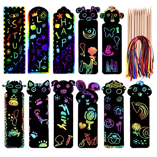 FEPITO 110 Set Animal Scratch Art Bookmarks, Paper Scratch Art para niños, DIY Crafts Paper Graduation Gift Tags con 20Pcs Stylus de madera