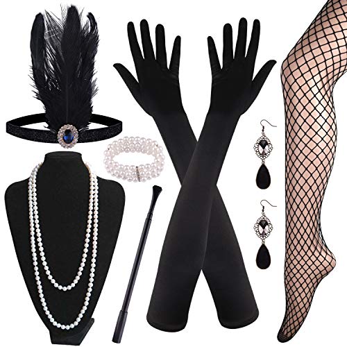 FEPITO 9 Piezas 1920s Set de Accesorios Disfraz Años 20 Flapper Diadema Guantes Negros Largos Porta Cigarrillos Medias de Red Grandes Accesorios Gatsby para Mujeres Women