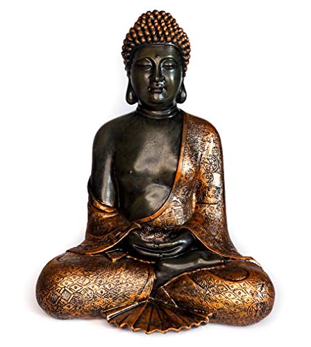 Figura de Buda de Interior para Meditación o Decoración. Estatua de Resina Grande. 28 cm de Alto. Pintada en Negro y Bronce