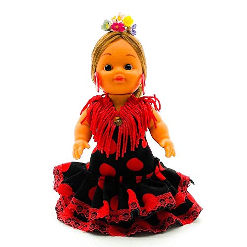 Folk Artesanía Muñeca artesana de 15 cm con Vestido Regional típico Andaluza Flor. (Rosa Lunar Blanco)