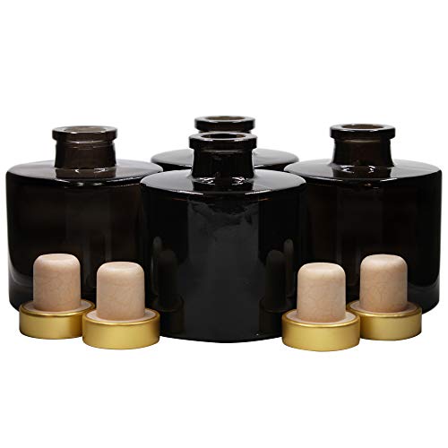 Frandy House Frascos difusores de cristal negro redondos con tapas de corcho dorado, juego de 4 – 7,5 cm de alto, 100 ml 3.4 oz. Accesorios de fragancia Uso para DIY Reed Difusor de Reed.