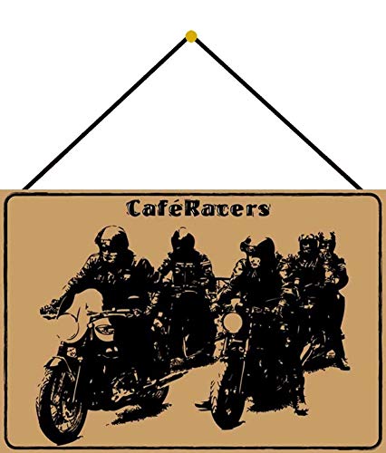 FS - Cartel de chapa curvado con texto "Cafe Racers", 20 x 30 cm, con cordel, color beige