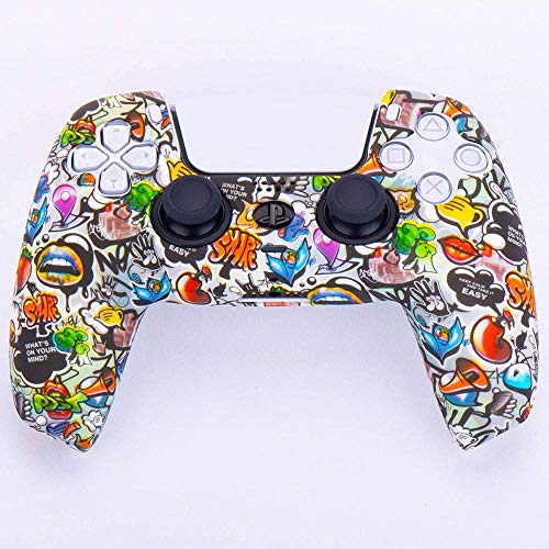 Funda de piel gruesa de silicona con impresión de transferencia de agua para Sony PS5 Dualsense Controller x 1 (Spashing Paint) con agarres para el pulgar x 10-Lovely_Graffiti