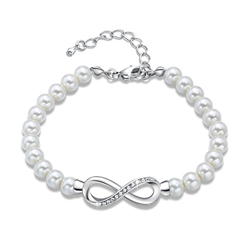 GEORGE · SMITH"Regalos Mamá" Pulseras Perlas Blancas para Mujer Pulsera Perlas Infinita Ajustable con Cristales de Swarovski, Pulseras Boda Regalos Cumpleaños para Mujer