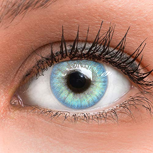 GLAMLENS lentillas de colores azules Jasmine Light Blue + contenedor. 1 par (2 piezas) - 90 Días - Sin Graduación - 0.00 dioptrías - blandos - Lentes de contacto azul de hidrogel de silicona