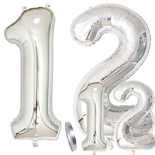 Globos Número 12 Cumpleaños XXL de Plata-Figuras Helio Globo de lámina gigante en 2 tamaños 40"y 16" | Set XXL 100cm+Mini 40cm version Decoraciones de cumpleaños |Ideal para el 12 Años como decoración